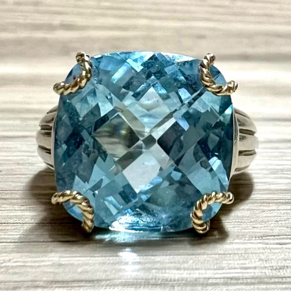Vintage Designer Signed V Sterling Silver & 14K Yellow Gold 16mm Blue Topaz Ring - Picture 2 of 11